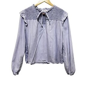 Bella Dahl Womens Top XS‎ Blue Smocked Ruffle  Boho Chic Peasant Western Cowgirl